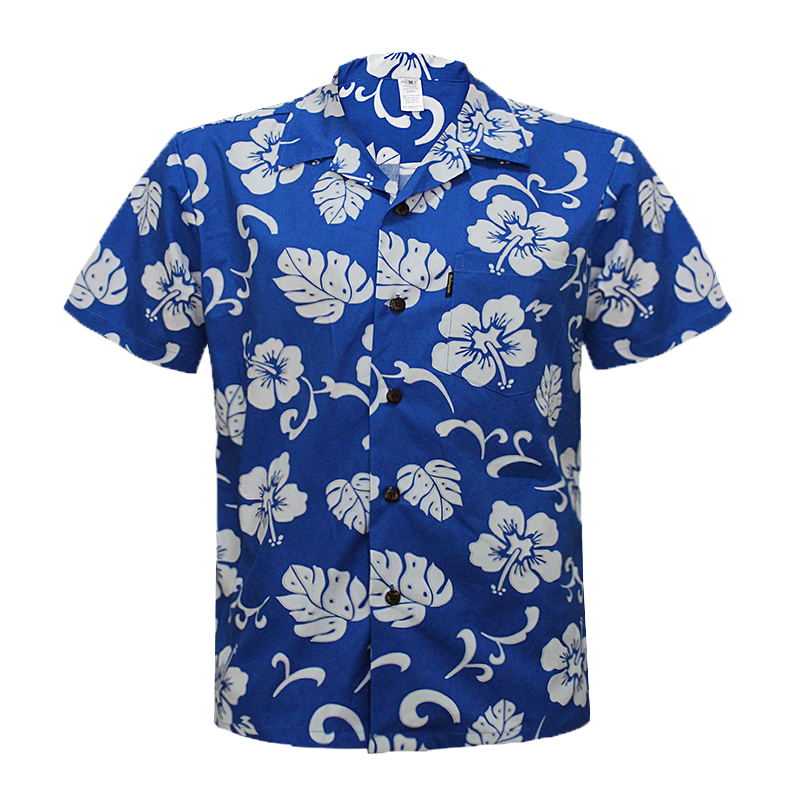 C90-A120 (Royal blue hibiscus), Men 100% Cotton Aloha Shirt