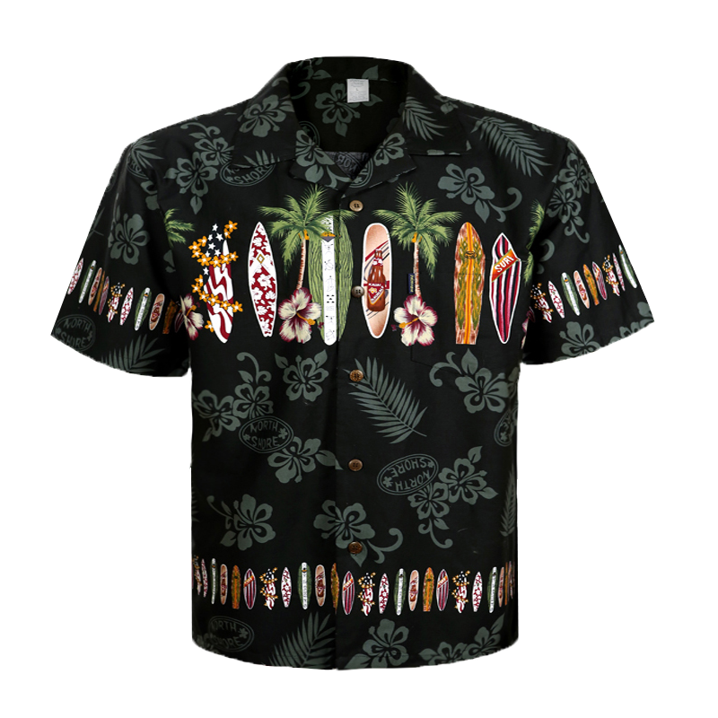 C90-A2007 (Black surfboard), Men 100% Cotton Aloha Shirt