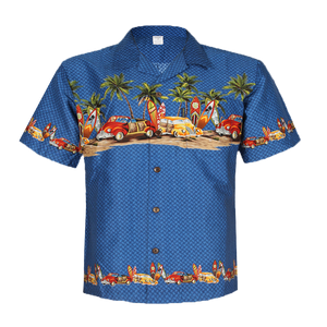 C90-A2224 (Sky blue vintage car), Men 100% Cotton Aloha Shirt