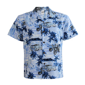 C90-A2321 (Blue motorcycle), Men 100% Cotton Aloha Shirt