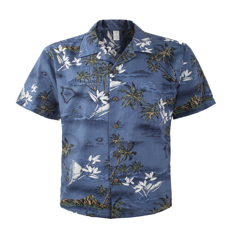 C90-A460 (Blue surf), Men 100% Cotton Aloha Shirt