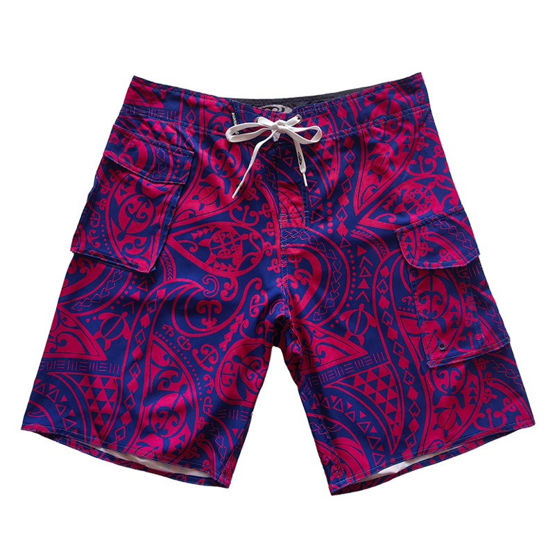 N90-B2213 (Navy with purple turtle tribal), Men Microfiber Boardshort (4 - way stretch) - three pockets - outseam is 20 inch in size 34