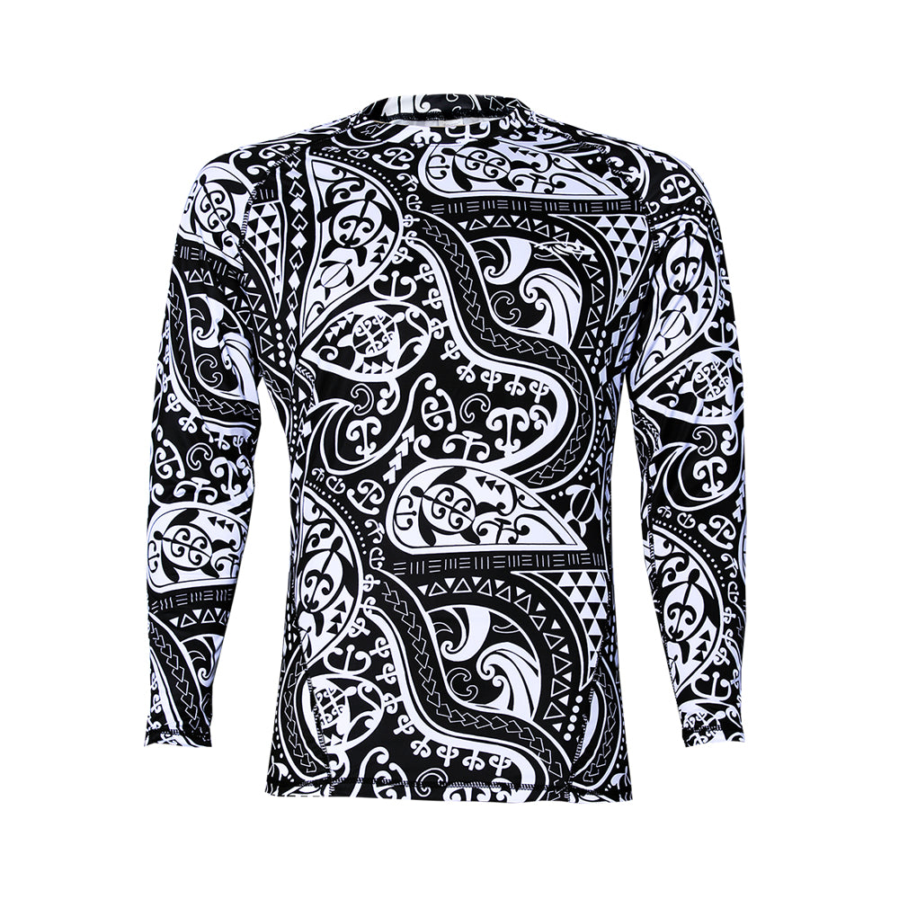 N90-RG2209 (white with black turtle tribal), Men UPF 50+ Sun Protection Outdoor surfing, seaside, sailing Lightweight Long Sleeve Rash Guard Outdoor Shirt