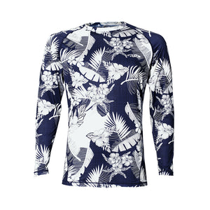 N90-RG517 (Navy with cream floral), Men UPF 50+ Sun Protection Outdoor Lightweight Long Sleeve Rash Guard Surfing Shirt