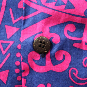 C90-A2213 (Navy with purple turtle tribal), Men 100% Cotton Aloha Shirt