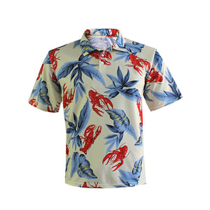 N90-P22724 (Beige lobster), Men Microfiber Breathable Knitted Aloha Polo Shirt