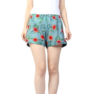 N91-CW9254 (Blue with pink hibiscus),  Ladies 4-way stretch comfort waist shorts