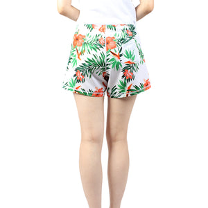 N91-CW9954 (White with orange hibiscus),  Ladies 4-way stretch comfort waist shorts