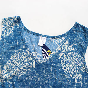 R91-D527 (Vintage blue pineapple), Ladies Aloha Dress 100% Rayon