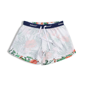 N91-CW9954 (White with orange hibiscus),  Ladies 4-way stretch comfort waist shorts