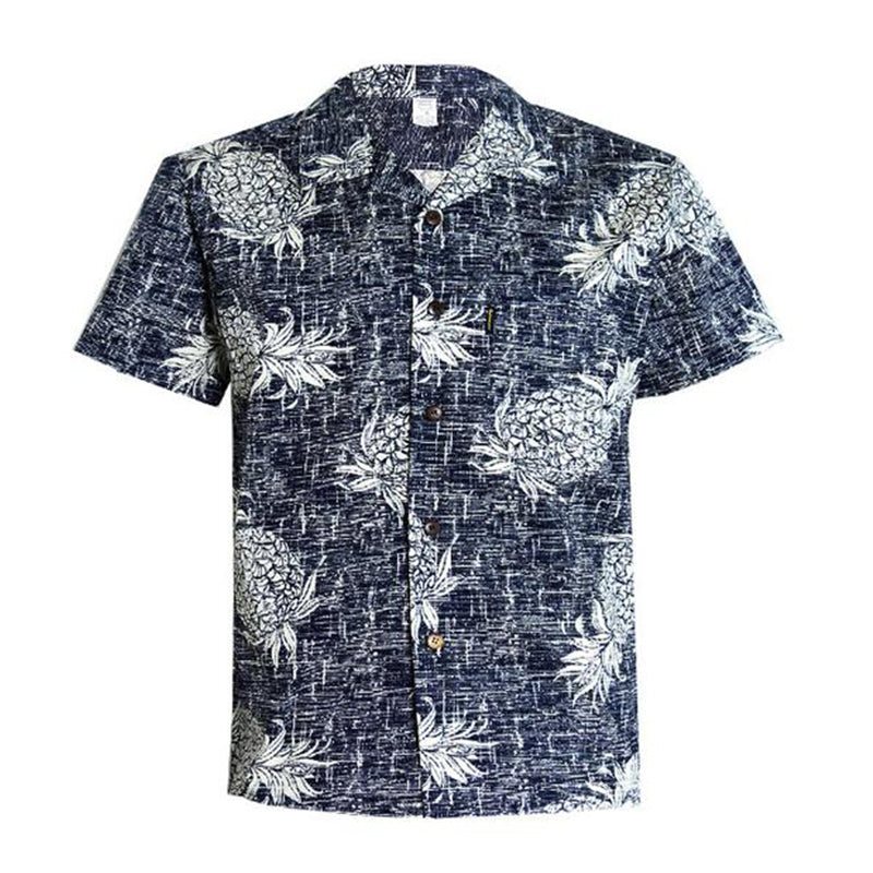 C90-A517N (Vintage navy pineapple), Men 100% Cotton Aloha Shirt