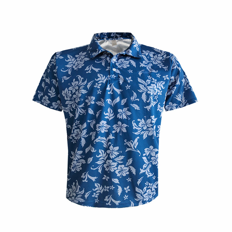 N90-P2122 (Blue Pareau), Men Microfiber Breathable Knitted Aloha Polo Shirt