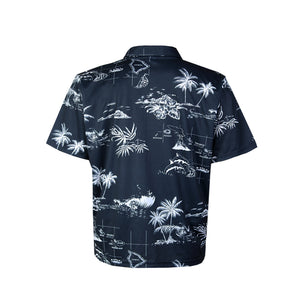 N90-P220N (Navy map), Men Microfiber Breathable Knitted Aloha Polo Shirt