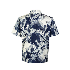 N90-P517 (Navy with cream floral), Men Microfiber Breathable Knitted Aloha Polo Shirt