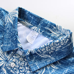 N90-P527 (Vintage blue pineapple), Men Microfiber Breathable Knitted Aloha Polo Shirt