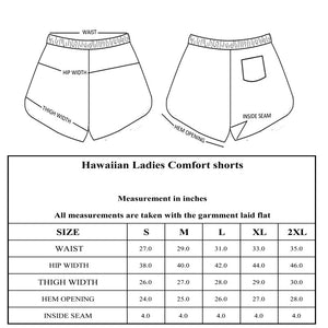 N91-CW9081 (Black with blue hibiscus),  Ladies 4-way stretch comfort waist shorts