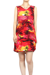 R91-D066 (Red scenery), Ladies Aloha Dress 100% Rayon