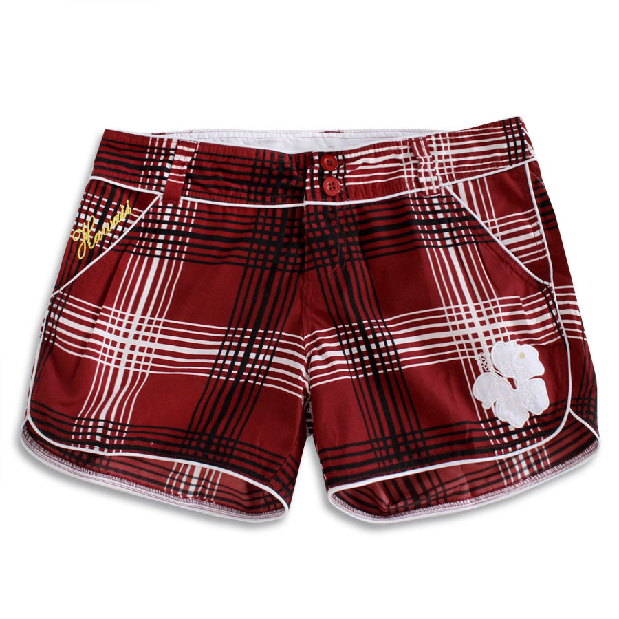N91-B8409 (Burgundy check floral with belt loop), Ladies Microfiber boardshort 100% Microfiber