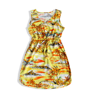 R91-D8845 (Yellow scenery), Ladies Aloha Dress 100% Rayon