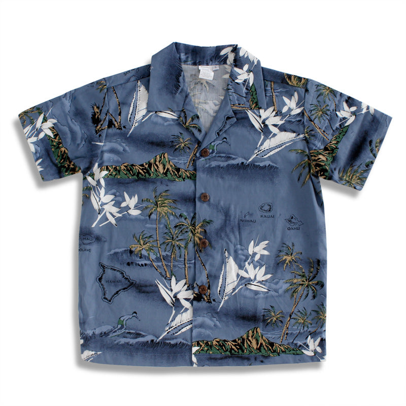 C50-A460 (Blue surf), Boys Cotton Aloha shirt