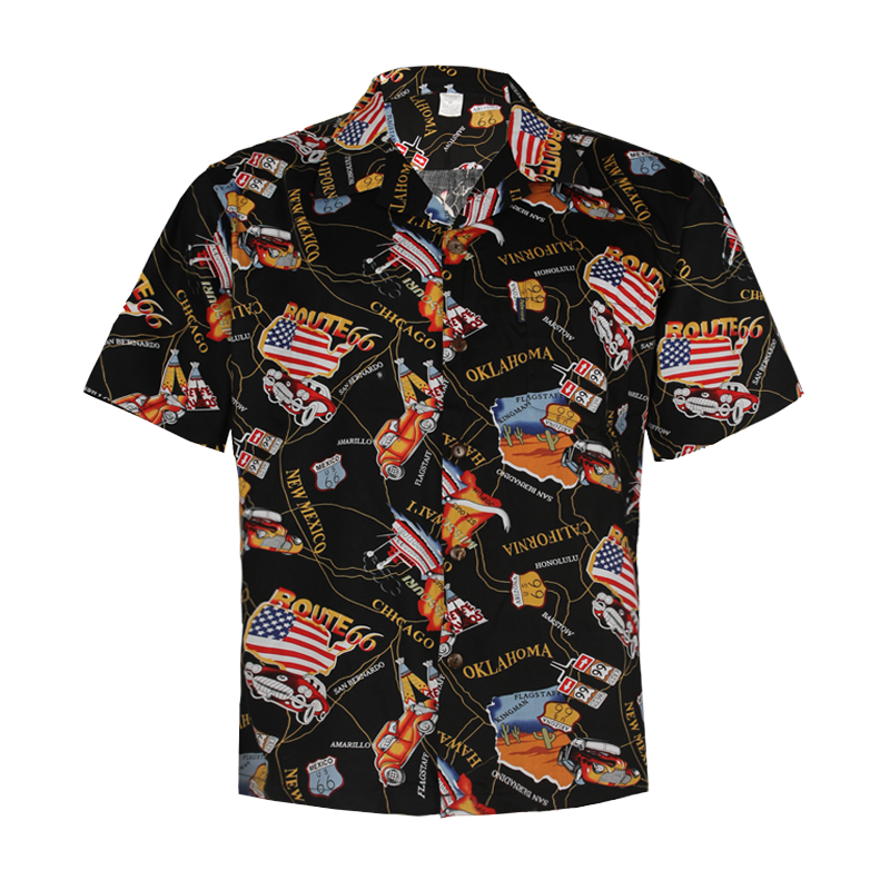 C90-A1094 (Black route 66), Men 100% Cotton Aloha Shirt