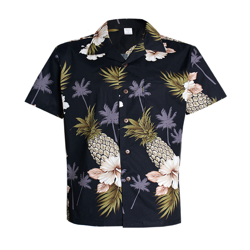 C90-A1707 (Black pineapple), Men 100% Cotton Aloha Shirt