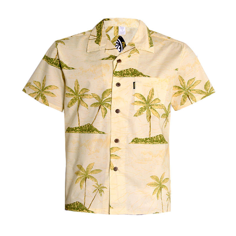 C90-A1785 (Yellow with green tree), Men 100% Cotton Aloha Shirt