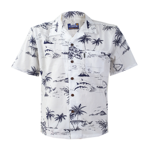 C90-A290 (White map), Men 100% Cotton Aloha Shirt