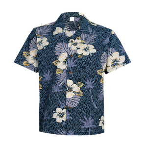 C90-A5068 (Black with gray leaf), Men 100% Cotton Aloha Shirt