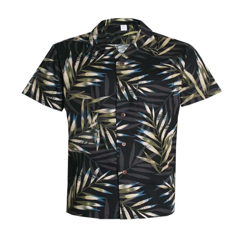 C90-A7056 (Black with gray green leaf), Men 100% Cotton Aloha Shirt