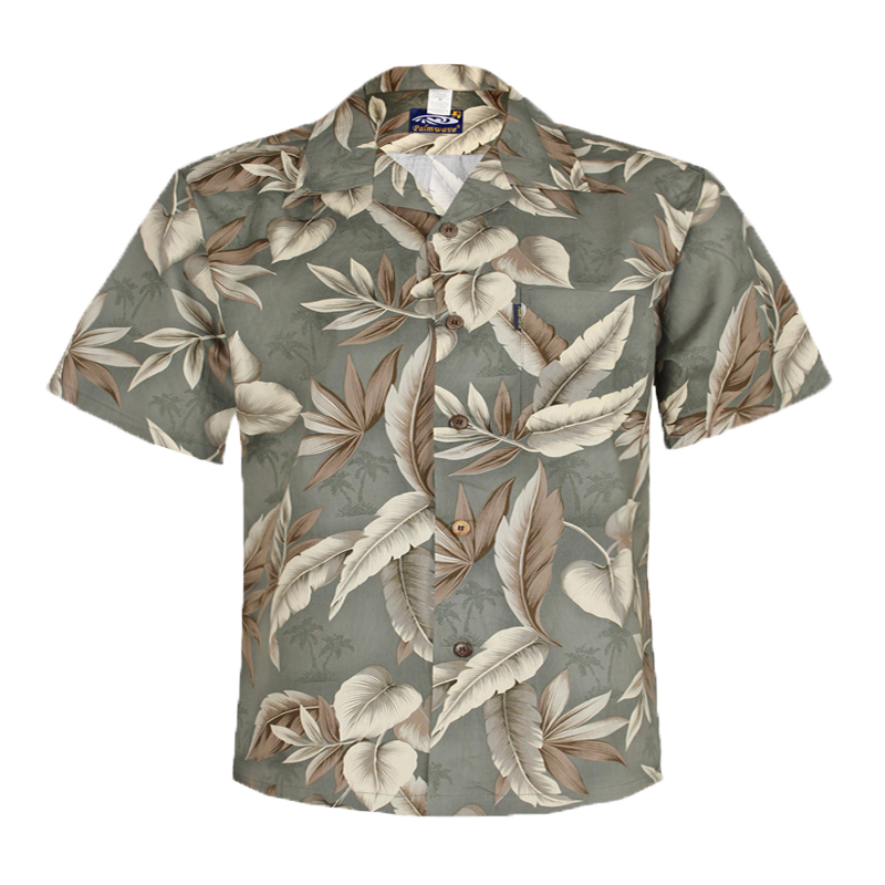 C90-A8577 (Green leaf), Men 100% Cotton Aloha Shirt