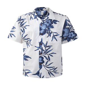 C90-A891 (White floral), Men 100% Cotton Aloha Shirt