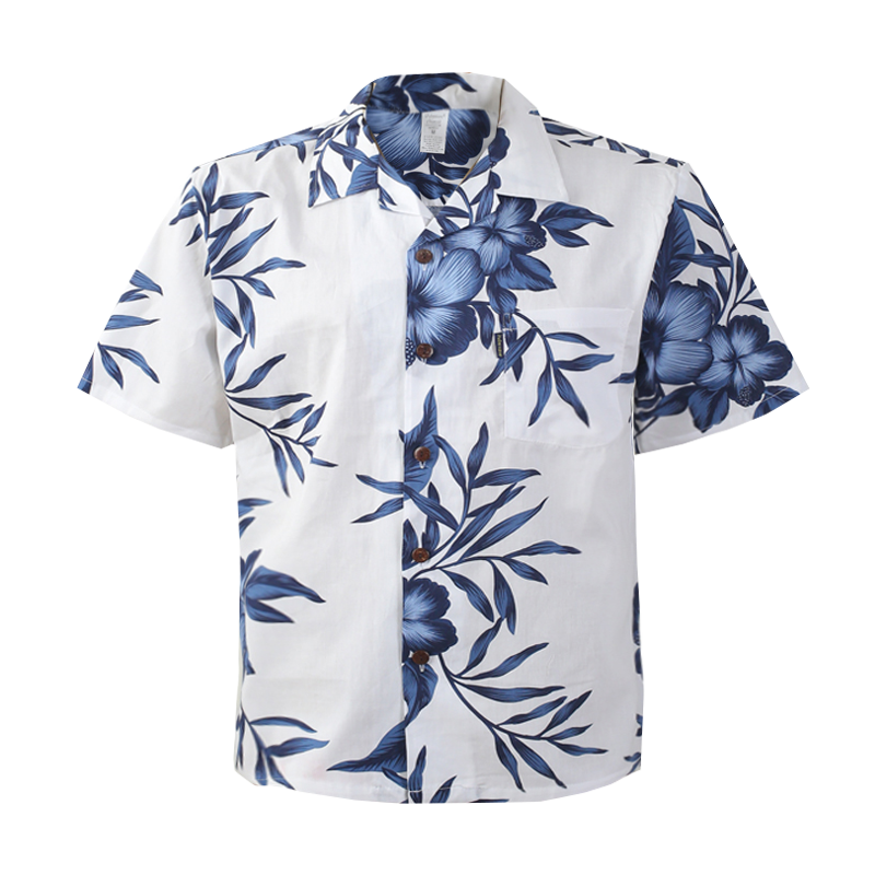 C90-A891 (White floral), Men 100% Cotton Aloha Shirt