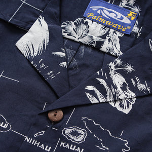 C90-A220N (Navy map), Men 100% Cotton Aloha Shirt
