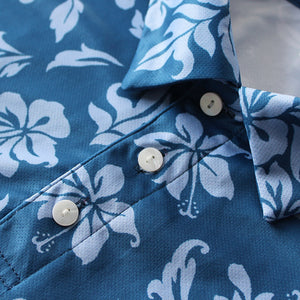 N90-P2122 (Blue Pareau), Men Microfiber Breathable Knitted Aloha Polo Shirt