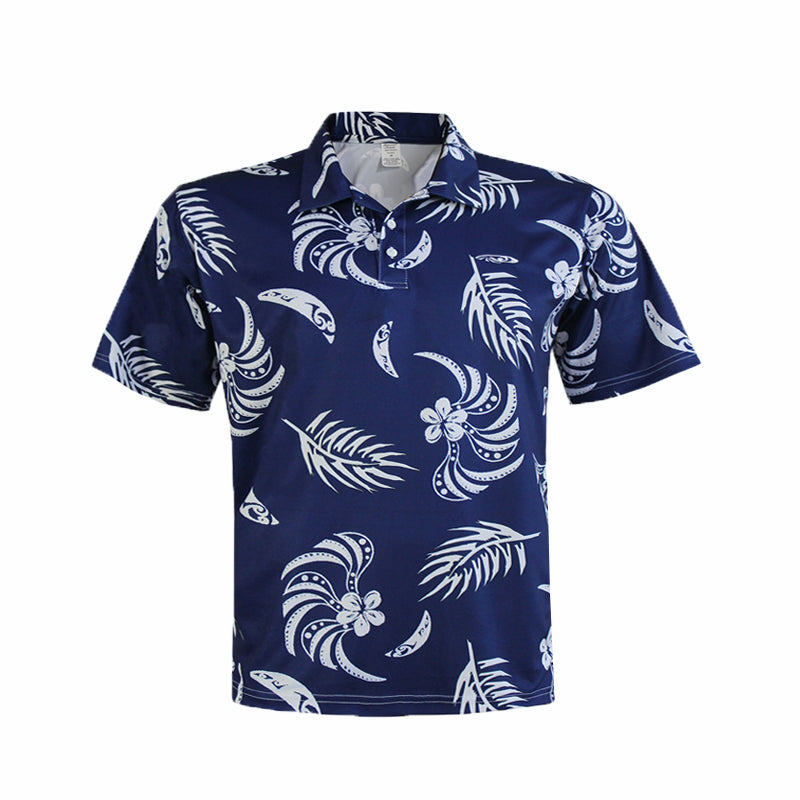 N90-P2119 (Navy with white tribal), Men Microfiber Breathable Knitted Aloha Polo Shirt