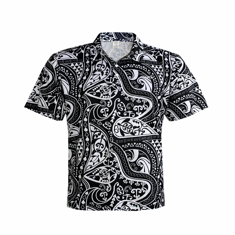 N90-P2209 (Black turtle tribal), Men Microfiber Breathable Knitted Aloha Polo Shirt