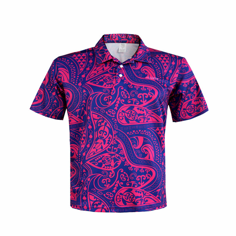 N90-P2213 (Navy with purple turtle tribal), Men Microfiber Breathable Knitted Aloha Polo Shirt
