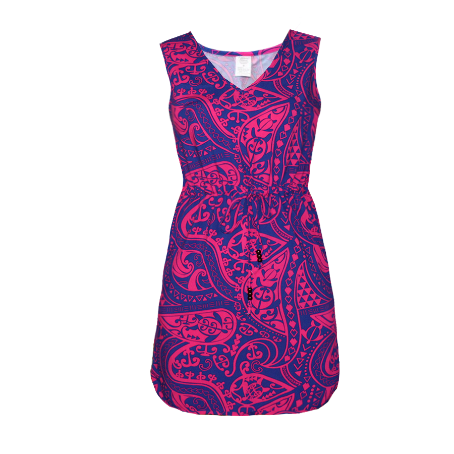 R91-D2213 (Navy with purple turtle tribal), Ladies Aloha Dress 100% Rayon