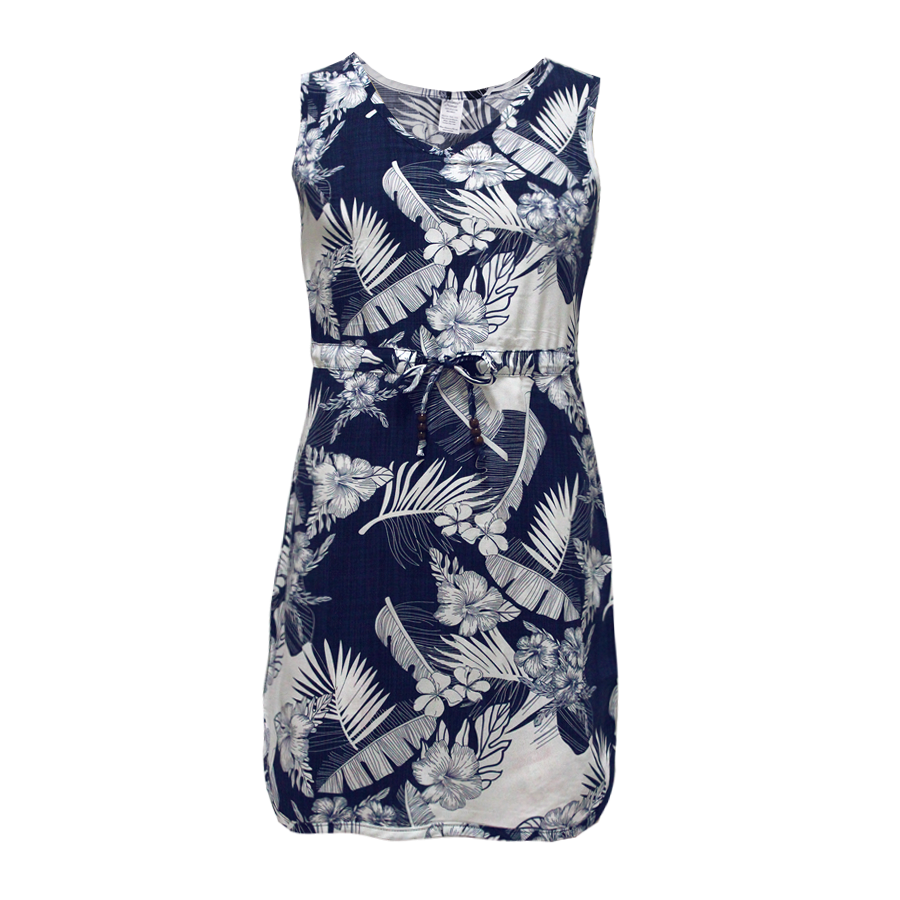 R91-D517 (Navy with cream floral), Ladies Aloha Dress 100% Rayon