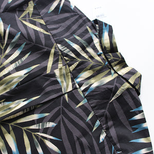 C90-A7056 (Black with gray green leaf), Men 100% Cotton Aloha Shirt