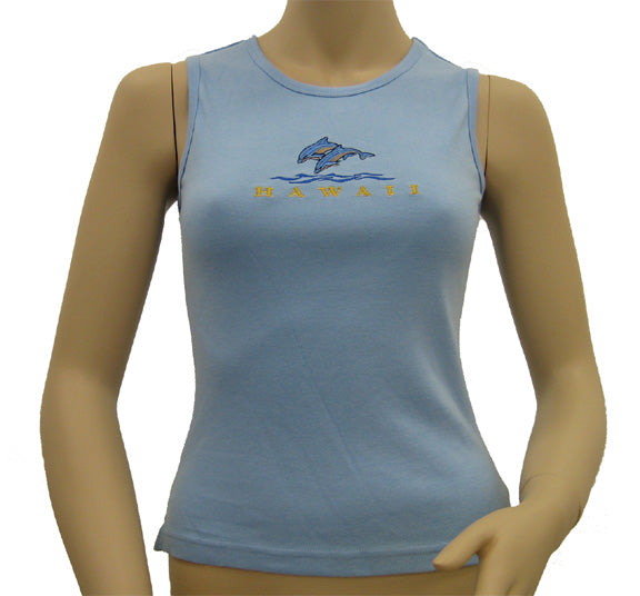 K9-MU533ED (Baby Blue Embroidery Dolphin), 100% Knit Cotton Mussel Tank Top