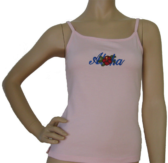 K9-SP531EA (Pink Embroidery Aloha), 100% Knit Cotton Single strap Tank Top