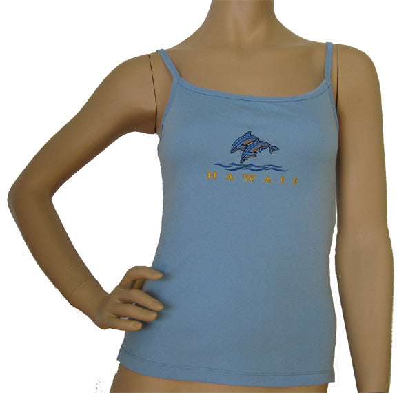 K9-SP533ED (Baby Blue Embroidery Dolphin), 100% Knit Cotton Single strap Tank Top
