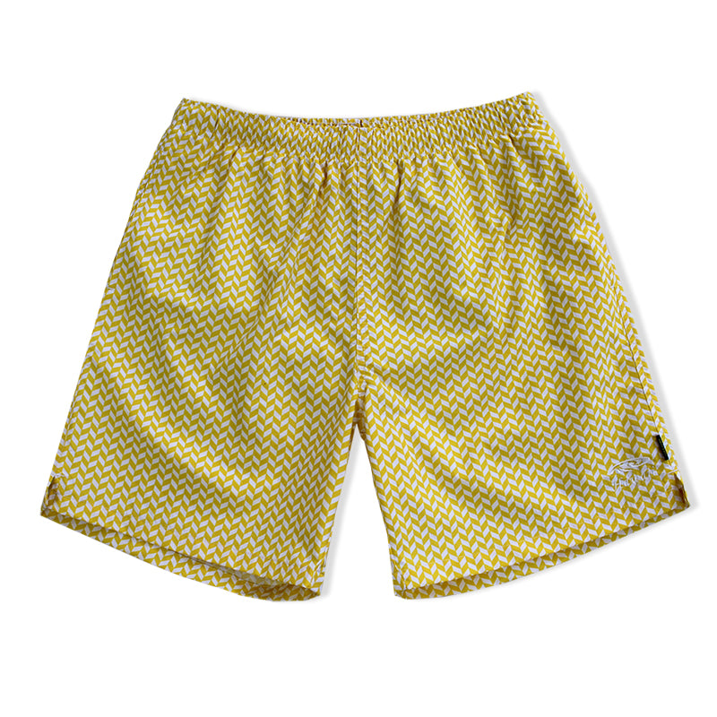 T90-T23899 (Yellow and white print), Men Embroidery Nylon Swim Shorts